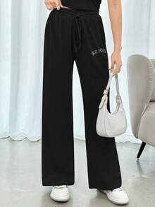 Set liso cómodo de 2 piezas con pedrería sencilla para mujer de moda para uso casual - Negro - Ver 4