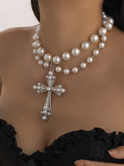 3pcs/Set Multi-Layer Faux Pearl Cross Necklace, Women Fashion Pendant Choker Necklace, Geometric Beaded Elegant Necklace Jewelry, Suitable For Daily, Party, Halloween, Christmas, Gift For Girlfriend