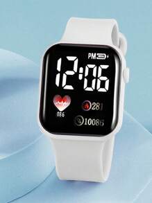 Set de 6 piezas con reloj digital LED de silicona blanca cuadrada de moda casual, pulsera, collar, aretes y anillo de cristal blanco hueco. Mejor regalo de cumpleaños para niños, adecuado para uso diario.