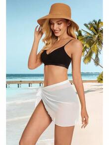 Swimsuit Coverups Women Sarong Beach Bikini Wrap Sheer Short Skirt Chiffon Scarf Swimwear - A White Solid - 查看 6