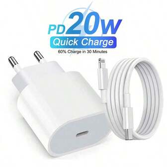 Carregador de Parede Multifuncional PD 20W, Conjunto de Carregador e Cabo de Dados Rápidos, Conjunto de Carregador com Cabeça de Carregamento Rápido de 20W, Cabo de Dados de Carregamento Rápido Compatível com iPhone 14 Pro Max/14 Pro/14 Plus/14/13/12/11/8/7/XR/X/Série iPad, Carregador Rápido PD 20W Padrão Europeu, Carregador de 20W com Plugue UE e Cabo USB C para Lightning de 1m/2m