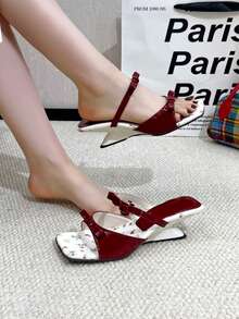 2025 Summer Women's Strap Asymmetric Heel Sandals, French Vintage Butterfly Ditsy Floral High Heel Slides To Pair With Dresses - Burgundy - View 4