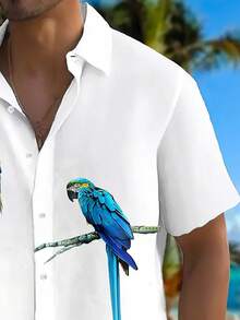 Plus Size Men's Parrot Print Button Down Short Sleeve Hawaiian Aloha Shirt - White - View 3