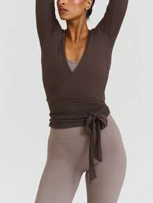 Women Y2K Pilates Wrap Top Long Sleeve Deep V Neck Tie Front Workout Ballet Pilates Yoga Shirt Casual Slim Fit Sports Active Tops - 棕色 - 查看 2