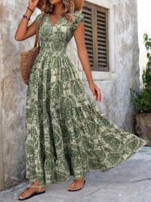 Women's Clothing Temperament V-Neck Short Sleeved Big Swing Dress