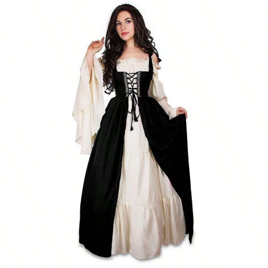 "Renaissance Style Elegant Lace-Up Corset Maxi Dress For Women - Vintage Medieval Gothic Ball Gown With Bell Sleeves For Theater, Cosplay And Formal Events" - 黑色 - 查看 1