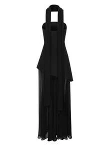 Women High Split Strapless Dress Solid Off Shoulder Sleeveless Open Back Long Tube Top Dress With Scarf - 黑色 - 查看 8
