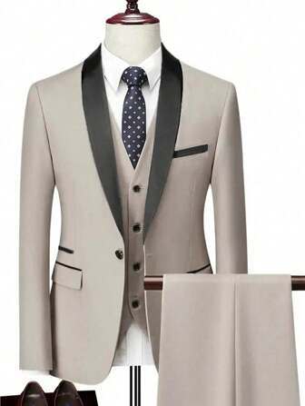 男士新款时尚商务纯色修身弹力三件套西装套装，包括西装外套、背心和裤子，工作/正式装