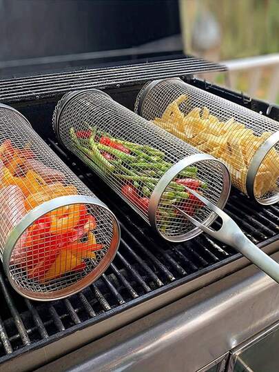 2 piezas Juego de Barbacoa, Juego de Barbacoa de Acero Inoxidable, Cesta de Barbacoa Portátil para Exteriores, Parrilla Redonda Portátil de Acero Inoxidable para Fogata, Accesorios Multiusos de Barbacoa para Camping, Cesta de Barbacoa para Exteriores