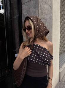 Women's Fashionable Polka Dot Backless Tie Strap Top, Knit Fabric With False Drawstring, Ribbed Backless Casual Top Suitable For Singles Party