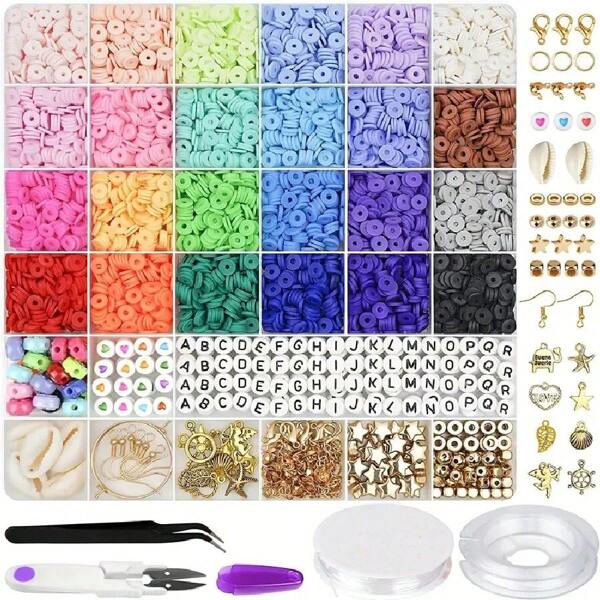 6000 pièces, 24 couleurs, perles rondes plates en argile polymère de 6 mm avec breloques et fils élastiques pour kit de fabrication de bijoux