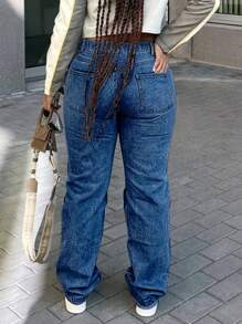 Jeans rectos casuales de pierna ancha con bolsillos para mujer talla grande