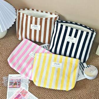 Minimalist Striped Large Capacity Cosmetic Bag, Fashion & Casual, Small & Compact, Suitable For Makeup, Tissue, Wet Wipes Storage, Travel Makeup Bag, Skincare Bag, Ideal Gift For Women & Students