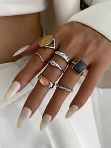 Ensemble de 7 bagues vintage élégantes incrustées de pierres géométriques, bagues à la mode dorées pour femmes, idéales pour un usage quotidien ou une fête, ensemble de bijoux cadeaux