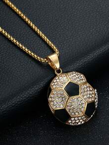 [Soccer Ball Rhinestone Necklace] 1pc Sporty Soccer Ball Pendant Necklace, Rhinestone-Encrusted Alloy, Hip-Hop Fashion Accessory, Football-Shaped Jewelry - Gold - View 3