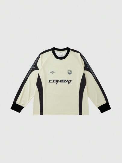 INFLATION Camiseta de manga larga casual y holgada con cuello redondo, estampado de letras y contraste de colores, estilo deportivo elegante para hombres