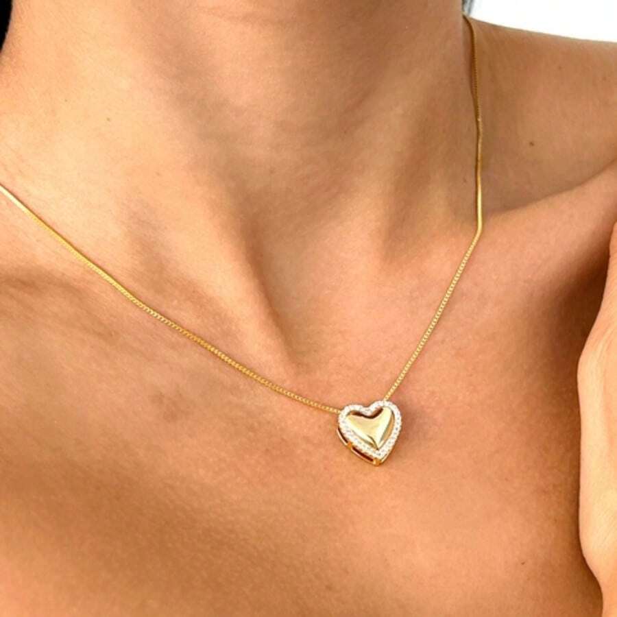 Women's Venetian Chain Necklace, Shiny Heart Pendant With Zirconia, 18K Gold Plated - 金色 - 查看 1