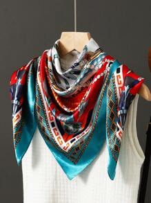 1条女士佩斯利花纹缎面方巾，尺寸90x90厘米，用途广泛，适合夏季旅行、街头穿搭、头巾、连衣裙等。 - 多色 - 查看 11