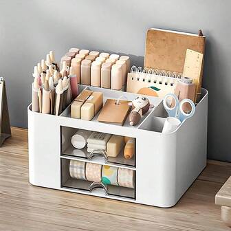 1 件装书桌和抽屉收纳盒，带笔筒 + 2 个抽屉 - 多功能桌面文具收纳，可爱家庭办公室学校铅笔盒，返校和居家办公必备