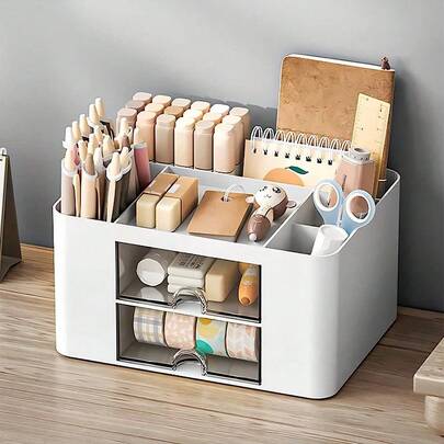 1 pieza Organizador de escritorio y cajón con soporte para bolígrafos + 2 cajones - Caja de almacenamiento de artículos de papelería de escritorio multifuncional, estuche para lápices de oficina y escuela en casa con estilo Kawaii, esencial para volver a la escuela y trabajar desde casa