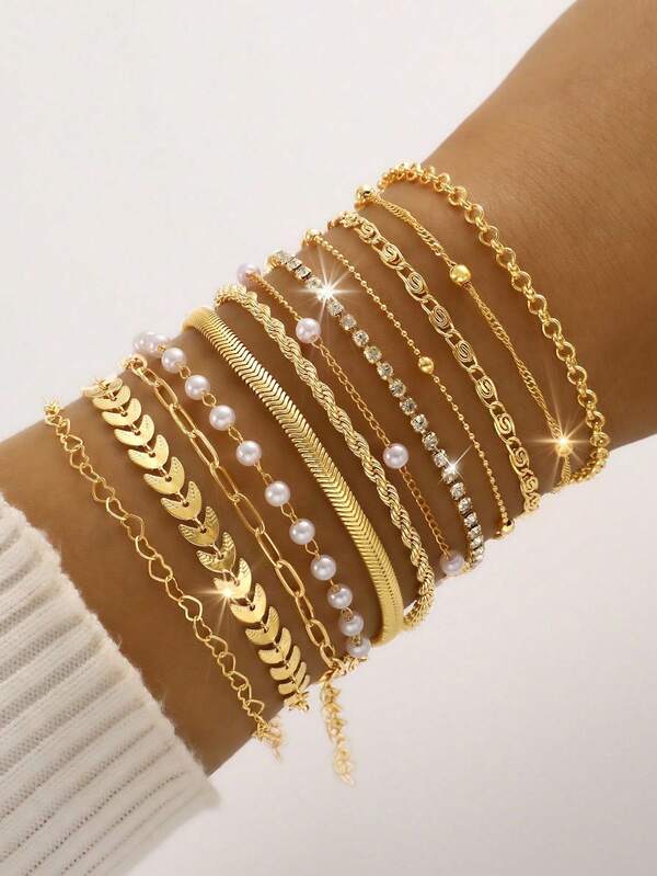 Lot de 16/12/11/6 pièces - Bracelets chaîne de serpent avec perles de faux et strass en forme de cœur, simple et élégant, convient pour le rencard, les vacances, l'assortiment quotidien, les fêtes, cadeau pour la petite amie et l'amie