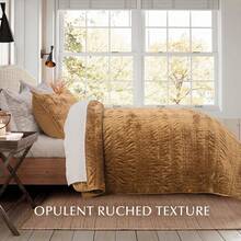 Luxury Ruched Velvet Quilt Queen Size, Ultra Soft Bedspread Coverlet Set, Lightweight Velvet Comforter, Quilted Bedding Cover With 2 Matching Shams For All Season, Stormy Blue - Gold Yellow - View 8