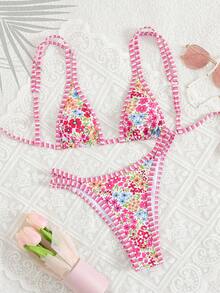 2pcs Set Women's Ditsy Floral Halter Backless Bohemian Style Bikini Swimsuit, Spring/Summer - Multicolor - View 2