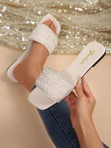 Women's Summer Casual Rhinestone Slide Sandals, Versatile Outdoor Plastic Flat Sandals