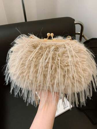 Modern kakifärgad fluffig handväska med klämmor, mångsidig axelväska för damer, lämplig för telefon, plånbok, shopping, lämplig för kontor, universitet, arbete, affärer, pendling, utomhusaktiviteter, resor och helg, ny höst- och vinterväska för kvinnor, bästa höstväskan, perfekt matchande med höstkläder för kvinnor, ny pälsväska för kvinnor