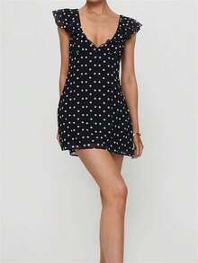 Women's Y2k Dot Print Short Dress Flying Sleeve V Neck Slim Fit Mini Dress Vintage Casual Going Out A-Line Dress Streetwear - màu đen - Xem 4
