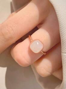 1pc Synthetic Hetian Jade Stone Square Ring For Women, Adjustable Open Design Suitable For Everyday Wear