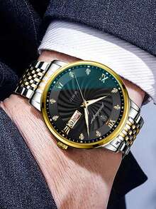 Orologio da uomo con regalo del marchio POEDAGAR (Ori) 50 orologio impermeabile, calendario settimanale, doppio display, cinturino dorato 316 in acciaio inossidabile, moda aziendale, orologio con scala diamantata, movimento del quarzo giapponese, preciso orologio per il mantenimento 'orario, la festa del papà, l'esame della nascita degli uomini, elementi essenziali per tornare a scuola - nero - Visualizzare 3