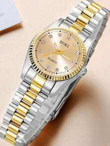 1 Stück Damen Armbanduhr mit rundem voll besetztem Zifferblatt, Armband aus Legierung, lässige Luxus Quarzuhr, geeignet für Partys, Urlaub, Geburtstag oder als Geschenk für Schwestern, das perfekte Geschenk für eine Frau (ohne Verpackung)