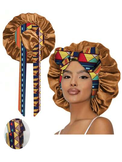 1件装缎面睡帽 - 比丝绸更柔软，适合女性睡眠 - 佩戴舒适，可调节，适合卷发和纹理发质 - 防止断裂、打结和稀疏，波西米亚风棕色设计