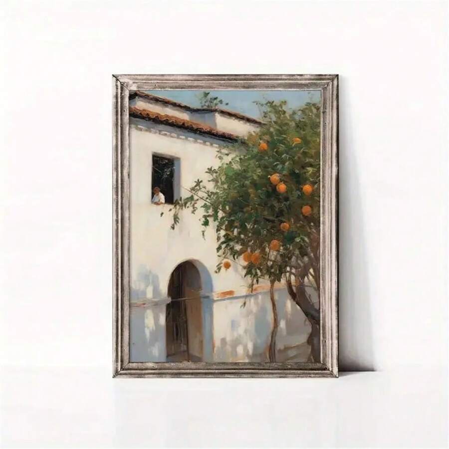 1 pieza, Impresión vintage de una casa española mediterránea, póster de un árbol de naranjas, arte de pared español antiguo, pinturas de moda para decoración de sala de estar, dormitorio, oficina, dormitorio y diseño de fondo de pared. Imagen con opción de marco.