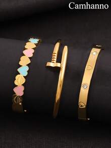 Camhanno 3pcs Simple And Niche Fashion Stainless Steel Heart Bracelets Suitable For Women's Daily Wear Or Special Occasions/Valentine's Day Christmas Gift For Girlfriends - Silver - View 1