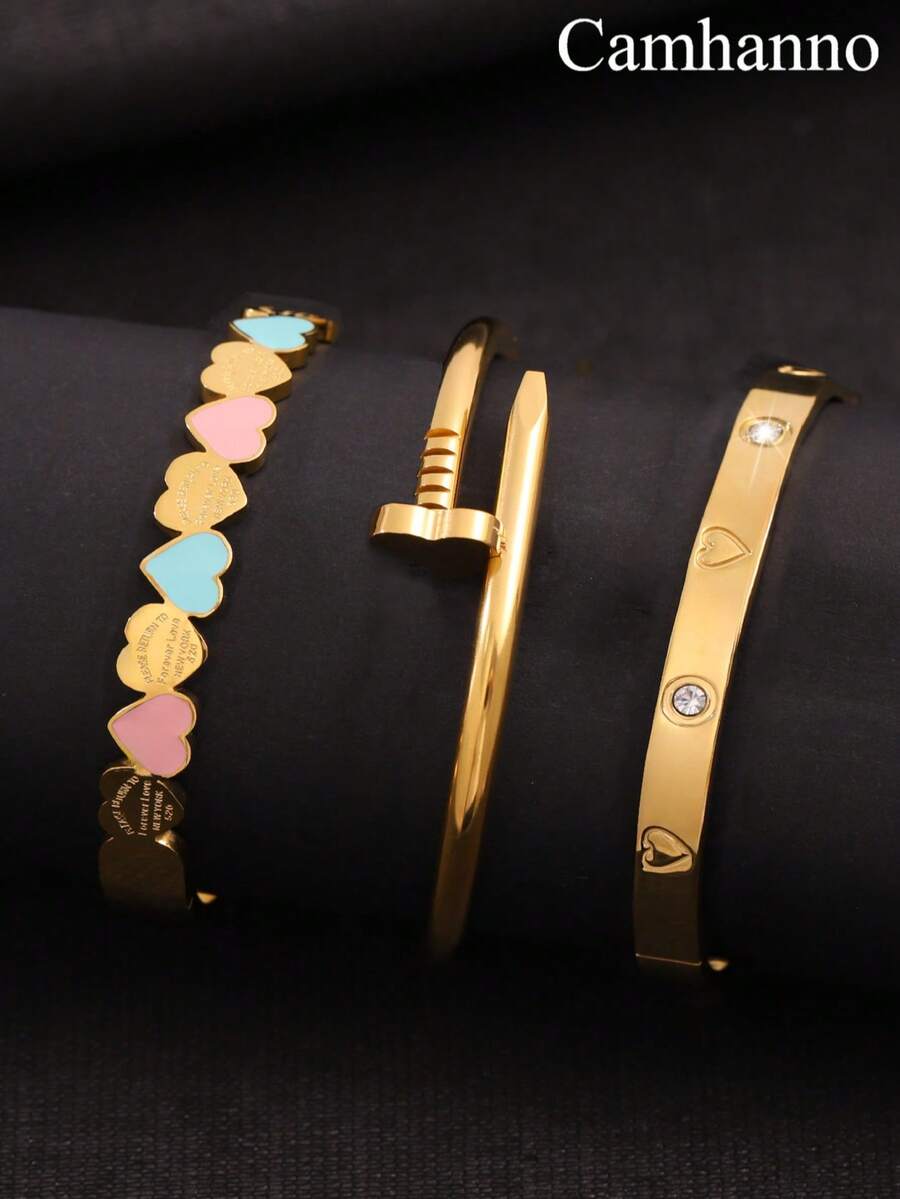 Camhanno 3pcs Simple And Niche Fashion Stainless Steel Heart Bracelets Suitable For Women's Daily Wear Or Special Occasions/Valentine's Day Christmas Gift For Girlfriends - Silver - View 1