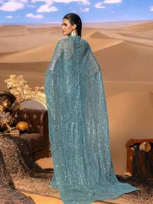 Faeriesty Haute Glamour Luxurious Shimmering Beaded Sequin Maxi Dress With Cape & Fish Tail Hem – High-End Couture, Mermaid Gown, Star-Approved Red Carpet Dress For Weddings, Galas, And Celebrity-Style Parties - Mint Green - View 3