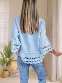 Womens Eyelet Blouse 3/4 Bell Sleeve Button Down Ruffle Hem Casual Summer Shirt Top - Màu xanh lam - Xem 4