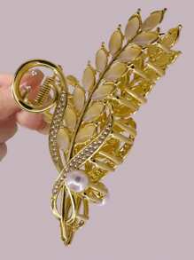 1pc New Cat Eye Stone Wheat Ear Clip Hair Clip, Women Hair Claw, Luxury Retro Metal Leaf Hair Clip Summer