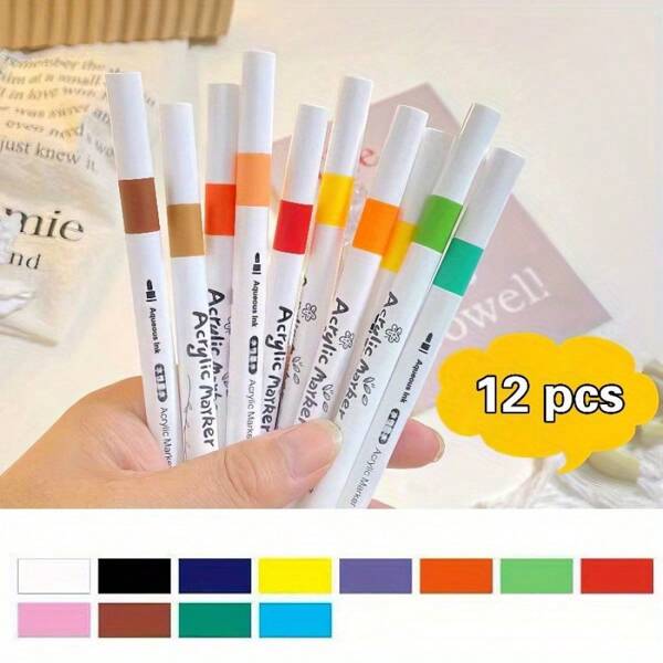12 Cores Marcadores Acrílicos, Conjunto de Pintura Estilo Boêmio à Base de Água e Resistente à Desvanecimento, Adequado para Papel, Tela, Vidro, Plástico, Madeira, Metal, Suprimentos Escolares, Volta às Aulas