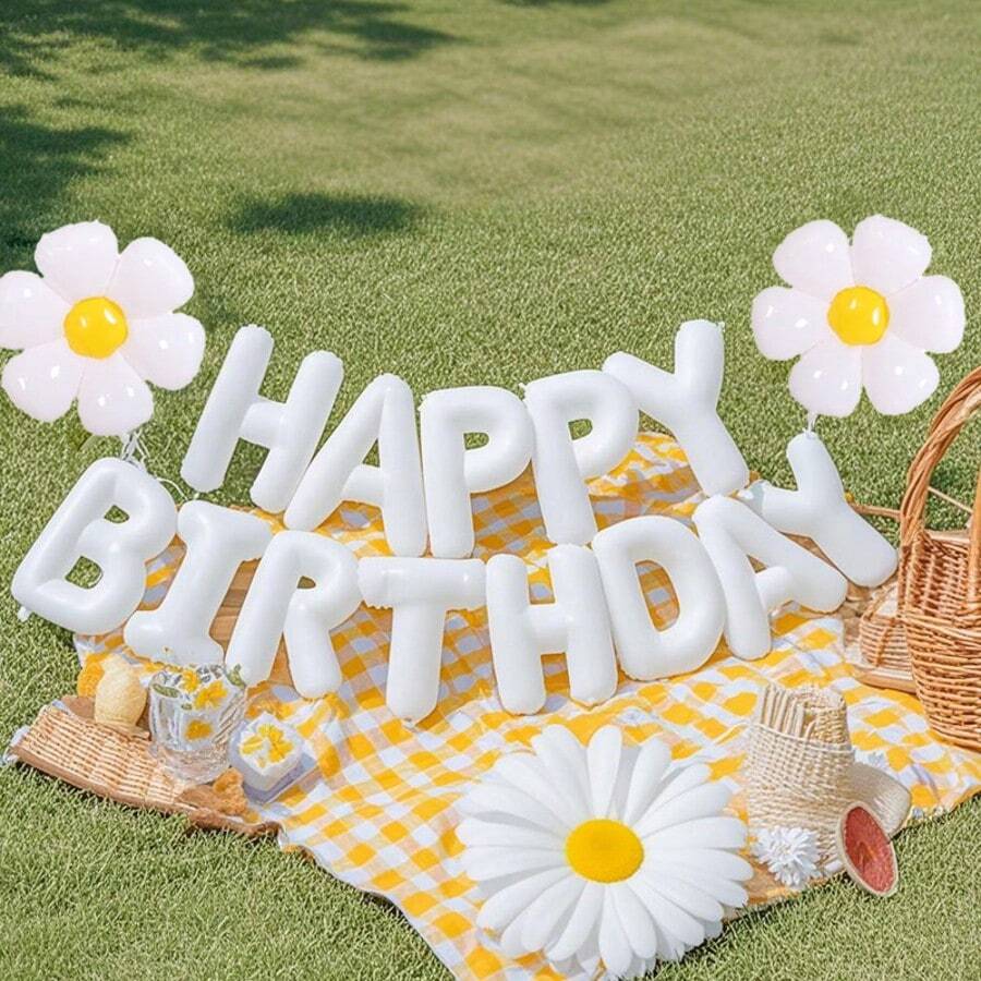 白色生日字母氣球橫幅 雛菊氣球 雛菊聚酯箔氣球 附「Happy Birthday」文字，適合成人活動、拍照道具與簽到拍照、生日派對裝飾，易於組裝，歡樂設計，鋁箔氣球，慶典裝飾，畢業場合必備