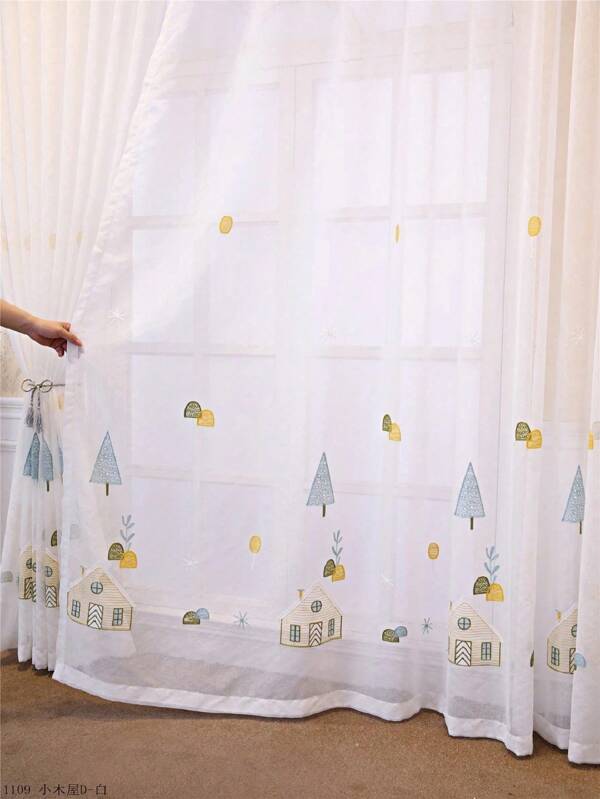 1 pieza Cortina perforada para niños, que bloquea la luz y aísla del calor, con un adorable diseño bordado, adecuado para niños y niñas, para balcón y ventanas de piso a techo