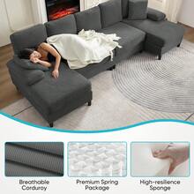112" Upholstered U Shaped Sectional Couches, Corduroy Living Room Furniture,Large 4-Seater Sofa With Double Chaises And Sleepable Armrests,Throw Pillows For Couches Sofas Living Room - Xám - Xem 6