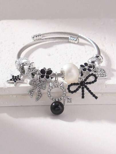 1 pieza Elegante pulsera de acero inoxidable con cristal y perla falsa en forma de lazo de gato, adecuada para que las mujeres asistan a fiestas, puede ser un regalo para el Día de San Valentín o el Día de la Madre