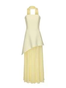 Women High Split Strapless Dress Solid Off Shoulder Sleeveless Open Back Long Tube Top Dress With Scarf - 黃色 - 查看 7