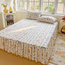 Juego de ropa de cama minimalista de 3 piezas con estampado digital suave y cómodo - 1 sábana ajustable + 2 fundas de almohada (sin edredón), con volantes románticos, elegante, suave y transpirable para dormitorio/habitación de invitados, adecuado para camas queen, king y full, con banda elástica en las 4 esquinas, lavable a máquina