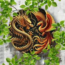 1 pieza Placa metálica redonda con diseño de Dragón y Fénix - Decoración de pared imaginativa para la cueva de hombres, el hogar, el jardín, la terraza, el bar, la decoración de la habitación