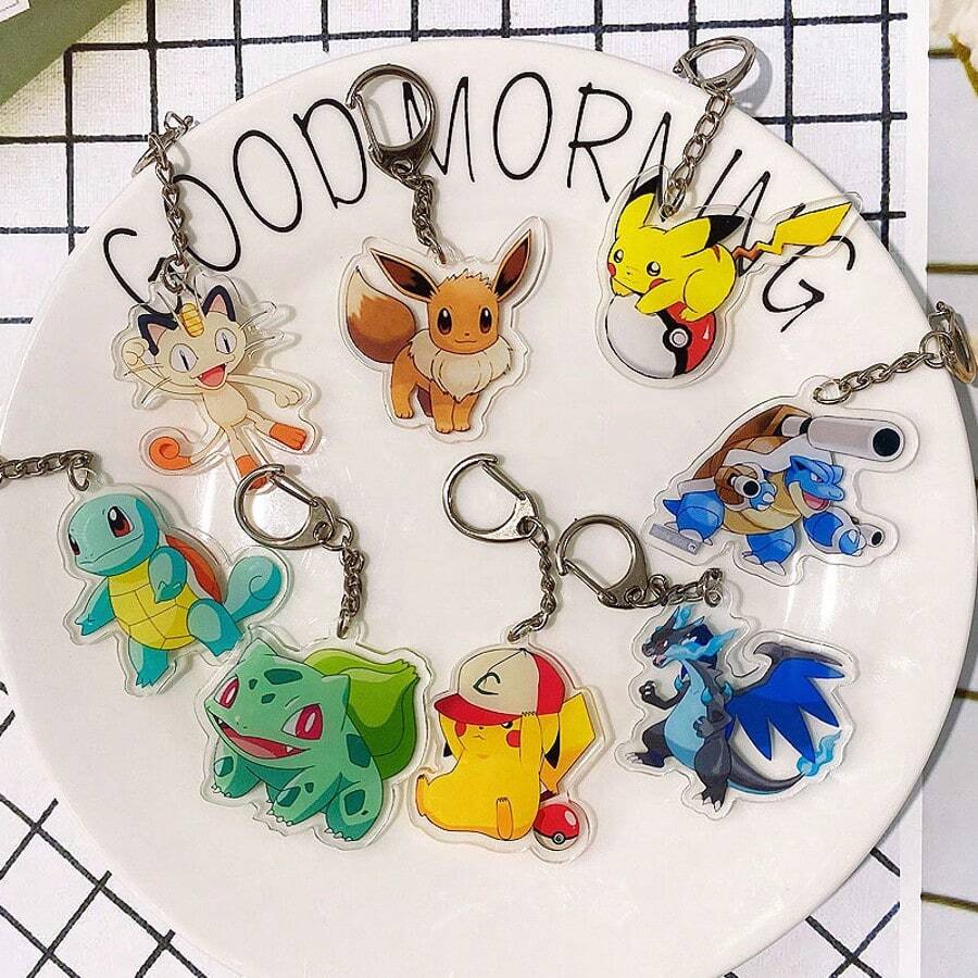 pokemon 5 Stück Pikachu Acryl Schlüsselanhänger, doppelseitiger Cartoon Pokémon Anhänger, DIY Accessoires, Taschenanhänger, Auto Schlüsselanhänger (Pokémon Muster Serie zufällig)
