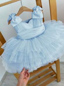 女婴蓝色圣诞3D蝴蝶结薄纱无袖公主蛋糕裙，优雅派对礼服，适合生日、婚礼、正式场合，四季皆宜 - 淺藍色 - 查看 5